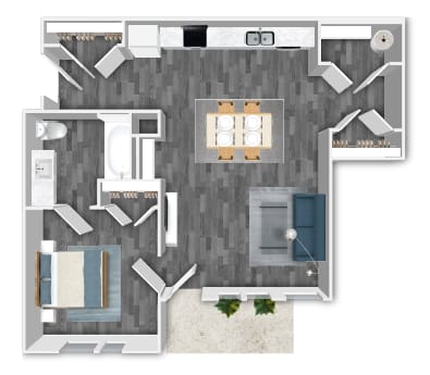 A floor plan of a house with a kitchen, living room, and two bedrooms.