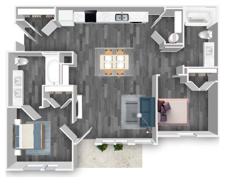 A top-down view of a house layout with a kitchen, living room, and bathroom.
