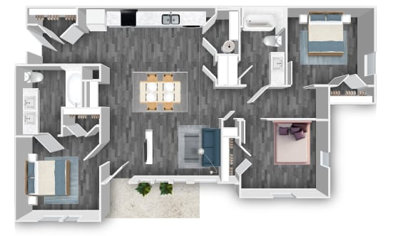A floor plan of a house with a kitchen, living room, dining room, and bathrooms.