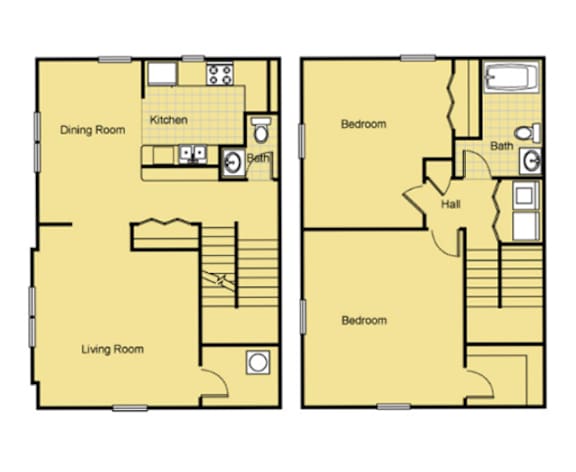 A floor plan of a two bedroom apartment with a living room, dining room, kitchen, and bathroom.