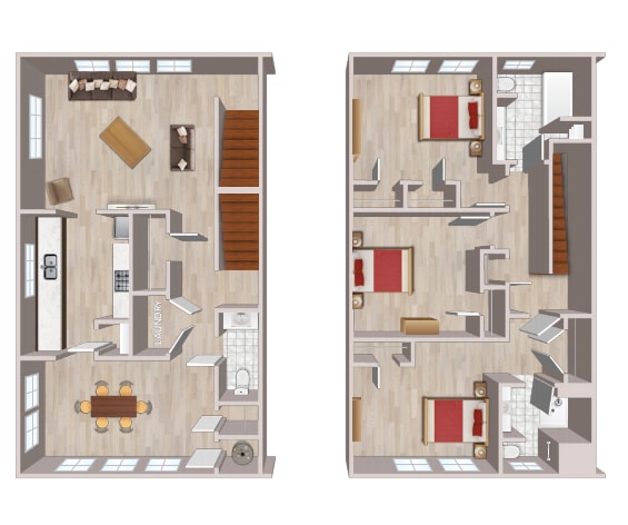 A floor plan of a two-story house with a living room, kitchen, and bedrooms.
