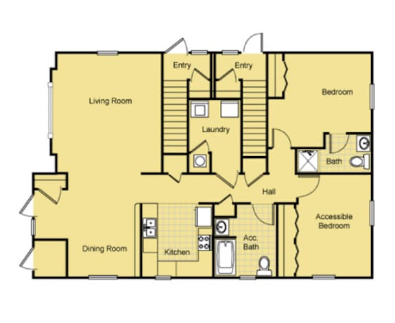 A floor plan of a house with a living room, dining room, kitchen, and two bedrooms.