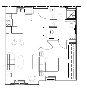 A floor plan of a house with a kitchen, living room, and bathrooms.