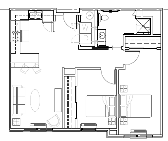 A floor plan of a house with a kitchen, living room, and bathrooms.
