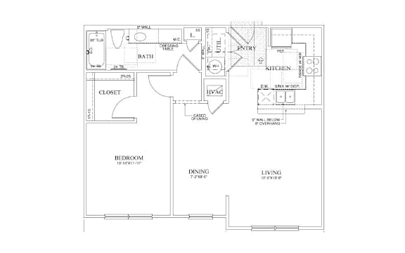 A floor plan of a house with a kitchen, living room, dining room, and bathroom.