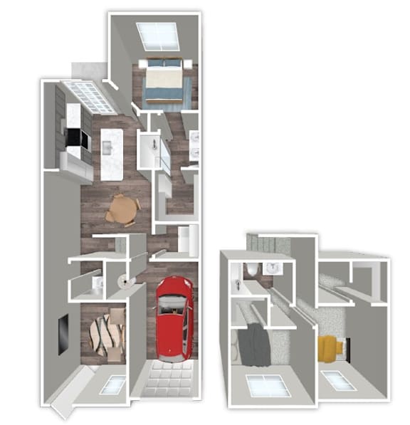 A floor plan of a two-story apartment with a red door on the bottom floor.