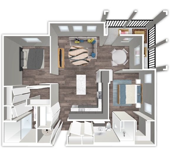 A 3D floor plan of a house with a kitchen, living room, and bathroom.