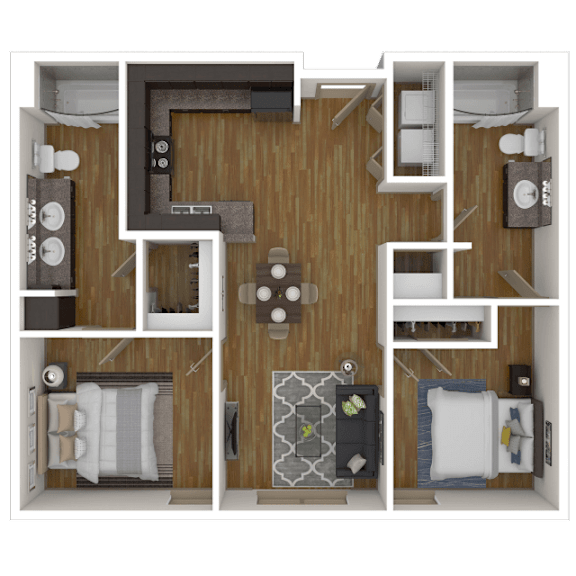A 3D floor plan of a small apartment with two bedrooms, a living room, and a kitchen.