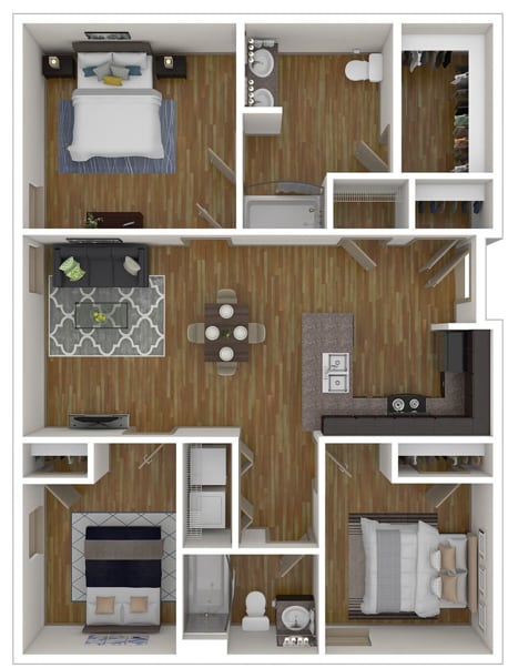 A 3D floor plan of a small apartment with a bedroom, living room, kitchen, and bathroom.