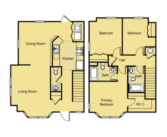 A floor plan of a house with a living room, dining room, kitchen, and bedrooms.