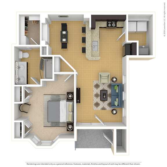 A floor plan of a house with a kitchen, living room, and two bedrooms.