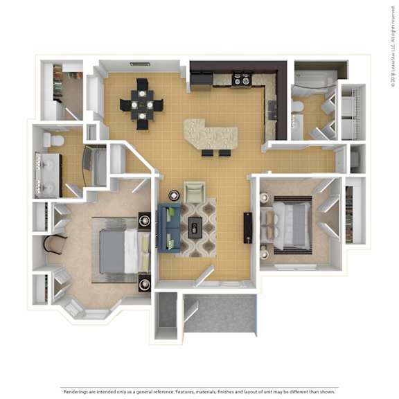 A floor plan of a house with a kitchen, living room, and two bedrooms.