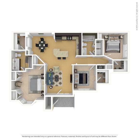 A 3D rendered image of a house layout.