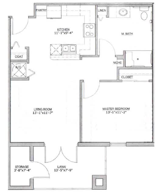 A floor plan of a house with a living room, kitchen, two bedrooms, a bathroom, and storage.