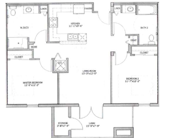 A floor plan of a house with a kitchen, living room, two bedrooms, a bathroom, a closet, a storage area, and a lanai.