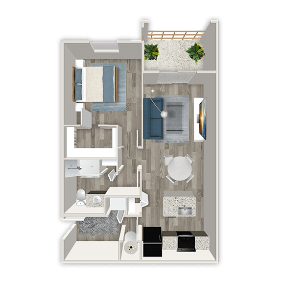 A floor plan of a small apartment with a bedroom, living room, and bathroom.