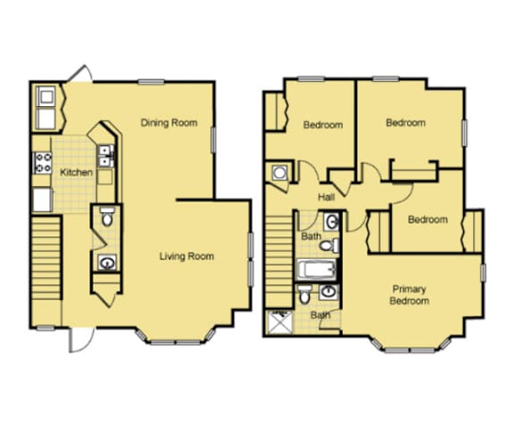 A floor plan of a house with a living room, dining room, kitchen, and multiple bedrooms.
