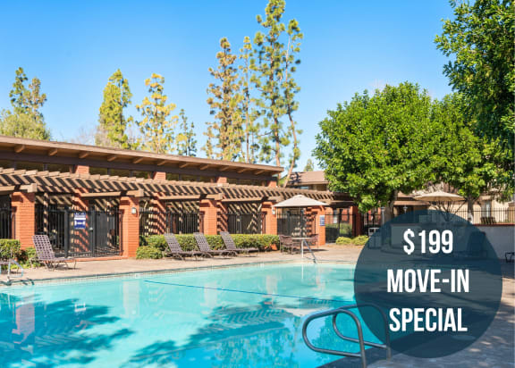 a hotel pool with a blue sky in the background and the words $199 move in special