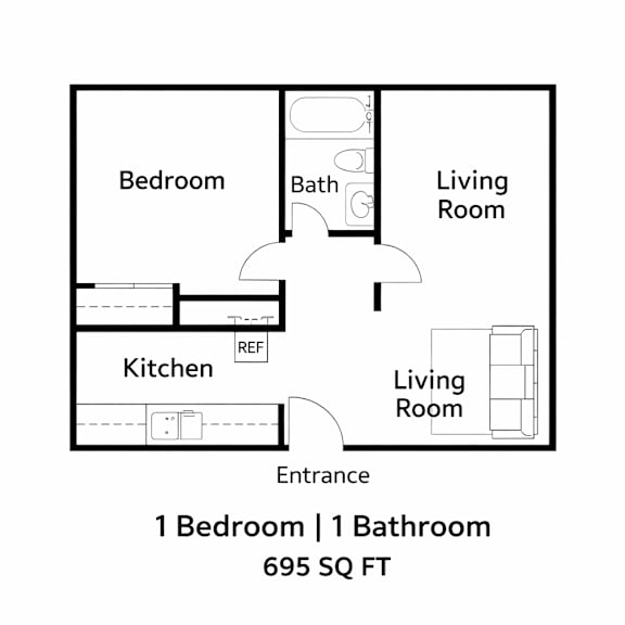 Floor Plan  A floor plan of a small apartment with one bedroom and one bathroom.