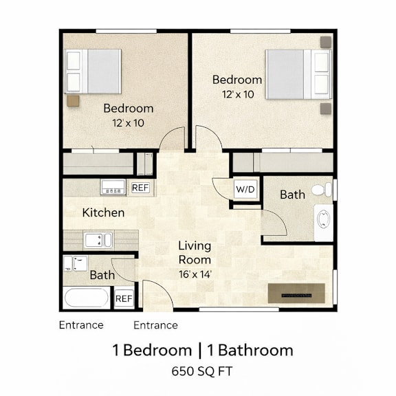 A floor plan of a one bedroom apartment with a living room, kitchen, and two bathrooms.