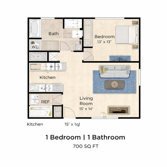 A floor plan of a one bedroom one bathroom apartment.