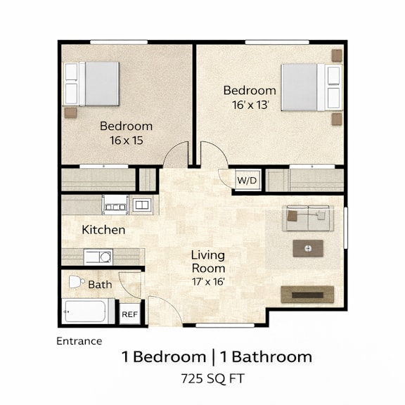 A floor plan of a small apartment with one bedroom and one bathroom.