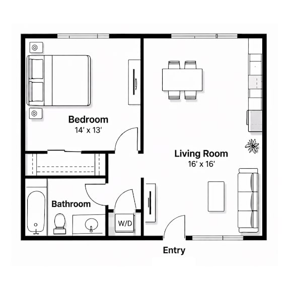A black and white image of a floor plan for a small apartment.