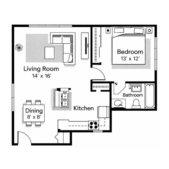 A floor plan of a small apartment with a living room, kitchen, dining area, and two bedrooms.