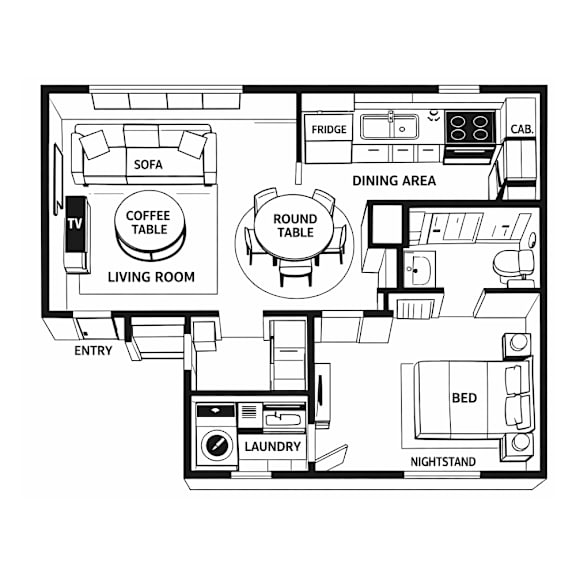 A black and white diagram of a living space with a laundry area.