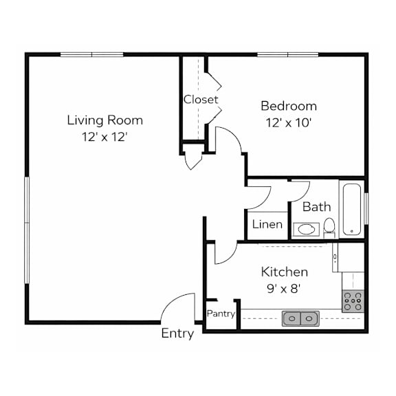 A floor plan of a small apartment with a living room, bedroom, kitchen, and pantry.