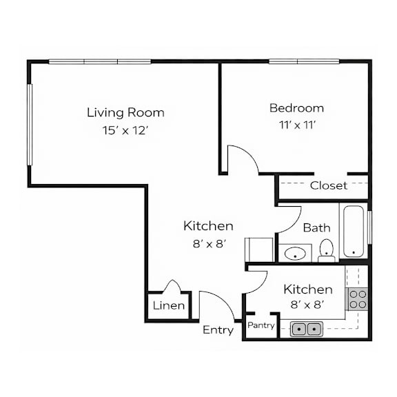 A floor plan of a small apartment with a living room, bedroom, and kitchen.