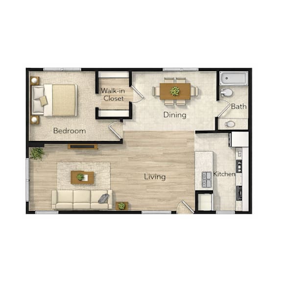 A floor plan of a house with a living room, dining room, kitchen, bedroom, and bathroom.