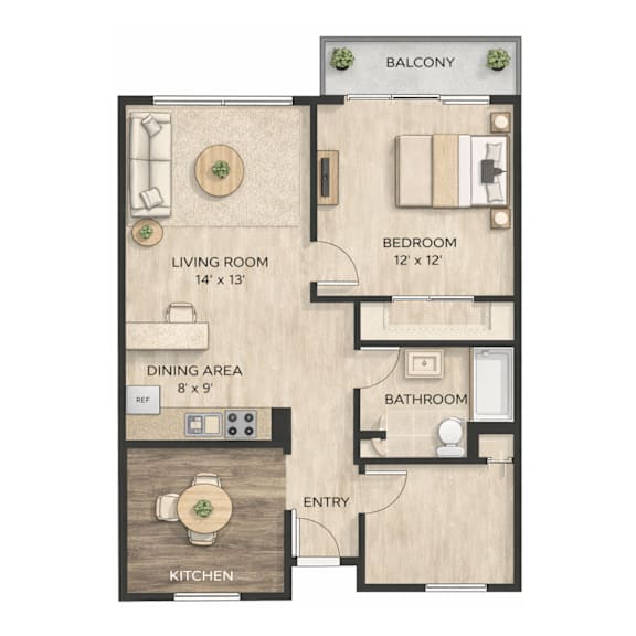 A floor plan of an apartment with a living room, dining area, kitchen, bedroom, bathroom, and balcony.