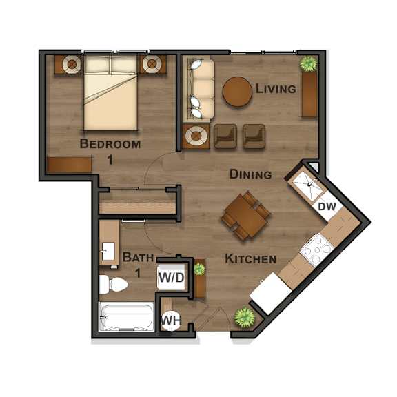 A floor plan of a small apartment with a bedroom, kitchen, dining area, and bathroom.