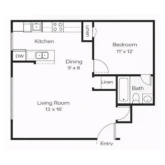 A floor plan of a small apartment with a living room, kitchen, dining area, and bedroom.