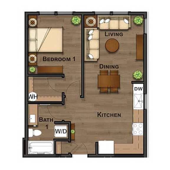 A floor plan of a small apartment with one bedroom, a kitchen, and a living room.