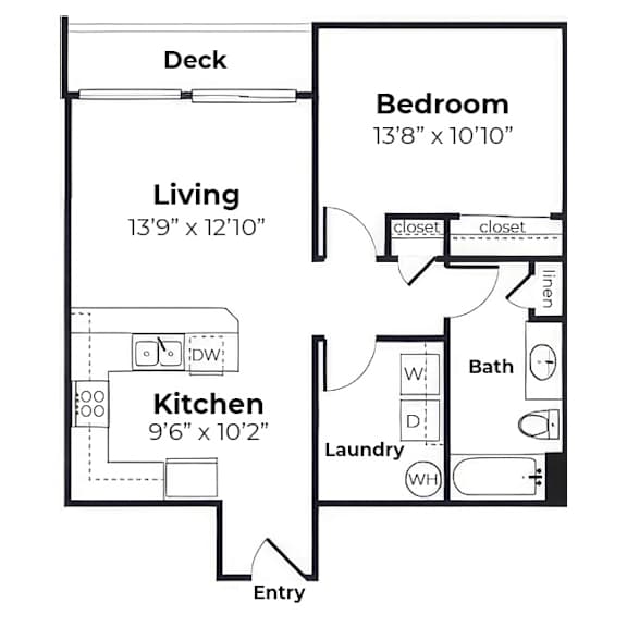 A floor plan of a small apartment with a kitchen, living room, bedroom, and bathroom.