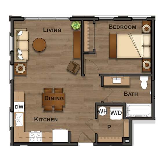 A floor plan of a small apartment with a living room, dining room, kitchen, bathroom, and bedroom.