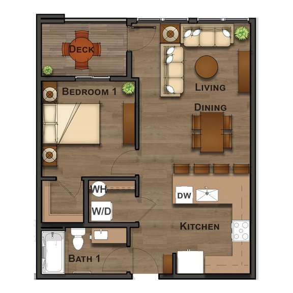 A floor plan of a house with a deck, two bedrooms, a living room, a dining room, a kitchen, a bathroom, and a laundry area.