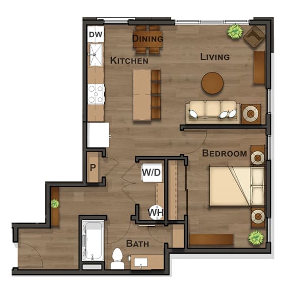A floor plan of a house with a living room, dining room, kitchen, and bedrooms.