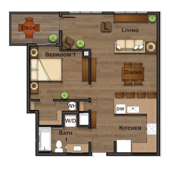 A floor plan of a house with a deck, two bedrooms, a living room, a dining room, a kitchen, and a bathroom.