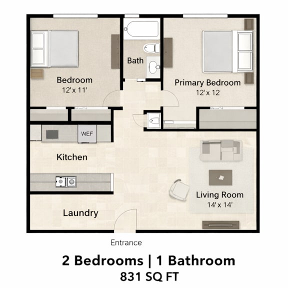A floor plan of a 2 bedroom apartment with 1 bathroom.