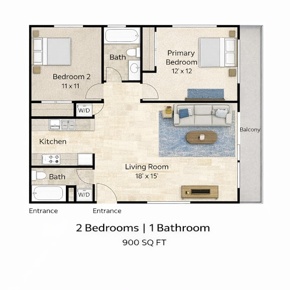 A floor plan of a 900 square feet apartment with two bedrooms, one bathroom, a living room, and a kitchen.