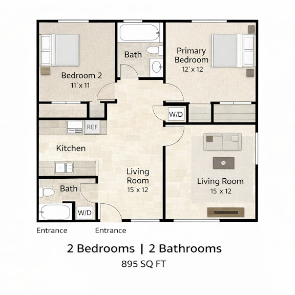 A floor plan of a home with two bedrooms and two bathrooms.