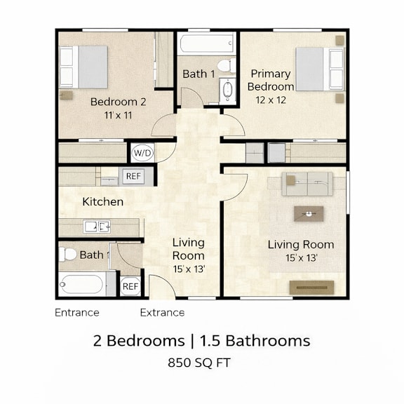 A floor plan of a small apartment with two bedrooms and one and a half bathrooms.