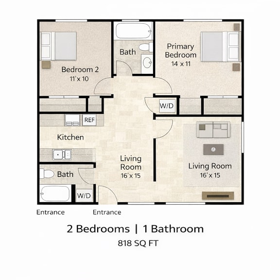 A floor plan of a small apartment with two bedrooms and one bathroom.