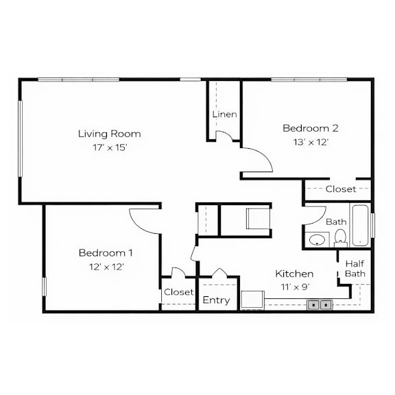 Floor Plan  A floor plan of a small apartment with a living room, two bedrooms, a kitchen, and a half bath.