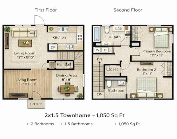 Floor Plan  A floor plan of a 2x1.5 townhome with a total of 1,050 square feet, including two bedrooms, one and a half bathrooms, and a living area.