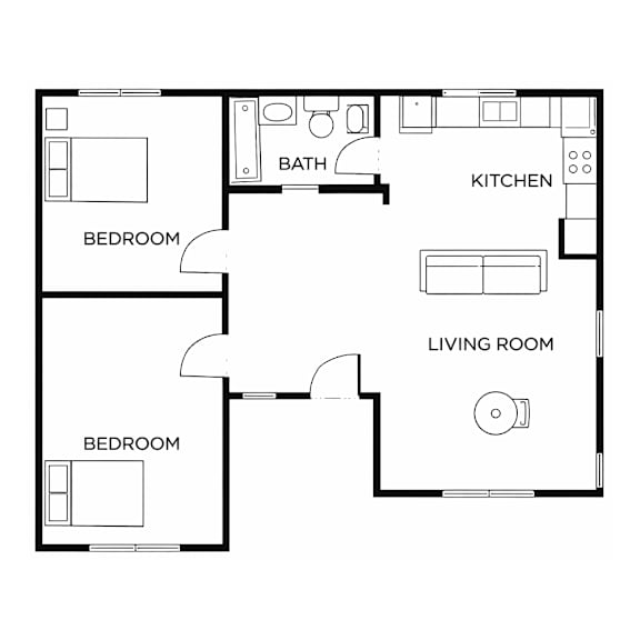 A black and white image of a floor plan for a house with a living room, kitchen, two bedrooms, and a bathroom.