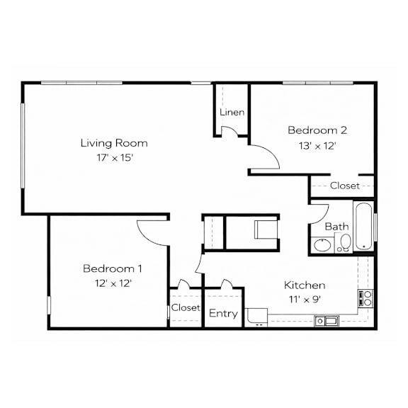 Floor Plan  A floor plan of a small apartment with a living room, two bedrooms, a kitchen, and a bathroom.